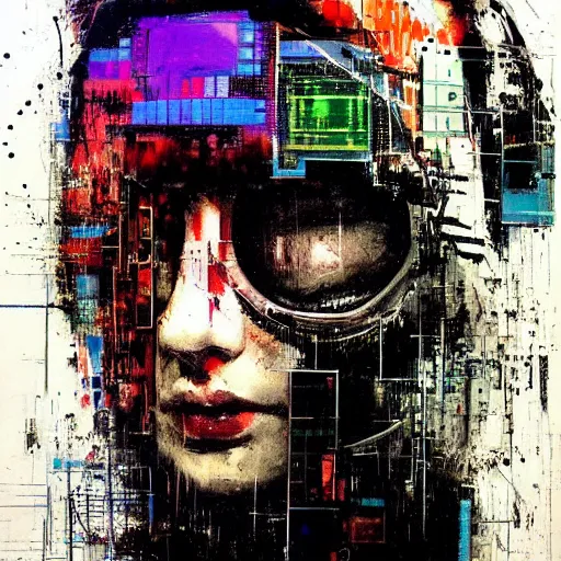 Image similar to portrait of a hooded character wearing a cyberpunk visor, by Guy Denning, by Johannes Itten, by Russ Mills, glitch art, hacking effects, chromatic, color blocking, oil on canvas, concept art, abstract