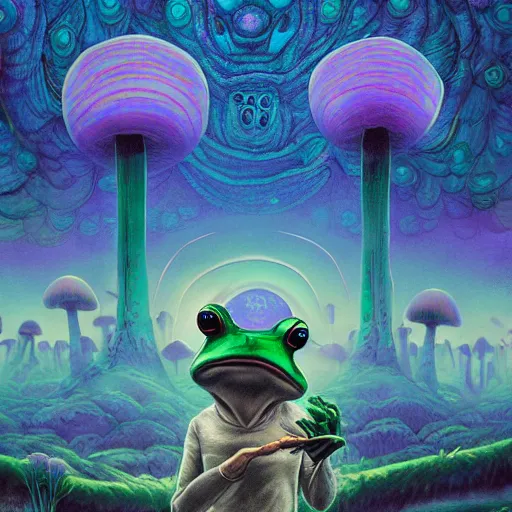 Image similar to A centered chest up portrait of a psychedelic godlike anthropomorphic frog smoking a hand-rolled cigarette smoking heavily , magic mushroom village in background . award winning. superb resolution. in the art style of junji Ito and greg rutkowski . Detailed Mushroom city in background. Hyper realistic anime. Perfect art. Dalle2