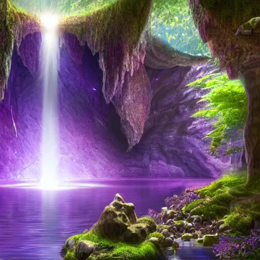 Prompt: a mystical waterfall cave with amethysts, lilac sunrays, highly detailed matte painting, 8 k