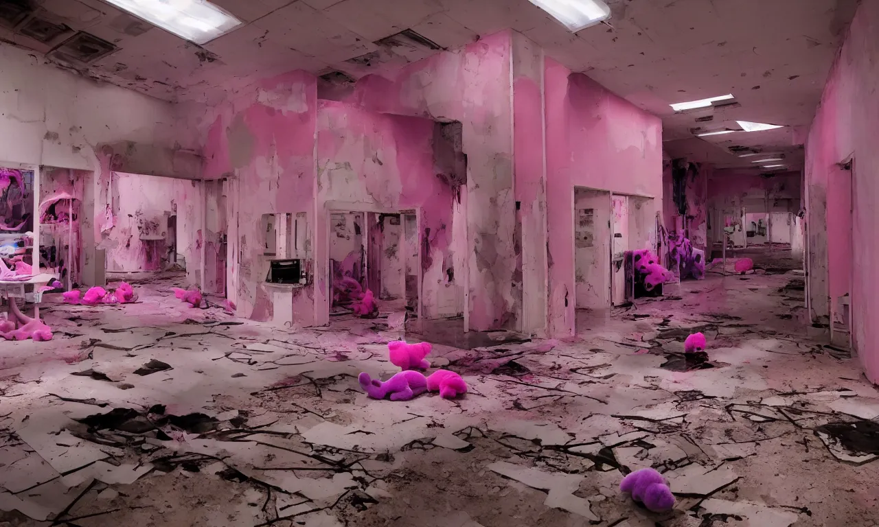 Image similar to backrooms abandoned mall, ominous neon pink and purple vaporwave lighting, moldy walls and stuffed animals sitting in shallow water