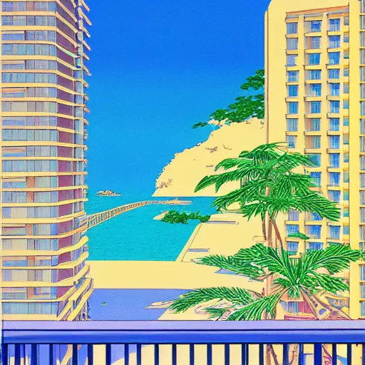 Image similar to a beautiful painting of a sunny day overlooking the beach from a hotel balcony by hiroshi nagai and hirohiko araki, detailed line art, vaporwave color scheme