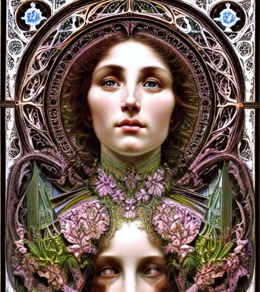 Image similar to hyperrealistic detailed face portrait of a beautiful young goddess morphing into a gothic cathedral, authentic ornamental architecture, intricate and highly detailed, awe inspiring art by ernst haeckel, h. r. giger, alphonso mucha, james jean, gothic, neo - gothic, heavily ornamental, nice deep colours,