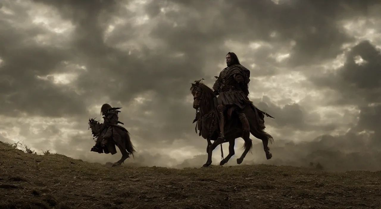 Prompt: breathtaking shot from a gritty medieval fantasy, award - winning cinematography by emmanuel lubezki, natural lighting, heavy contrast, striking composition