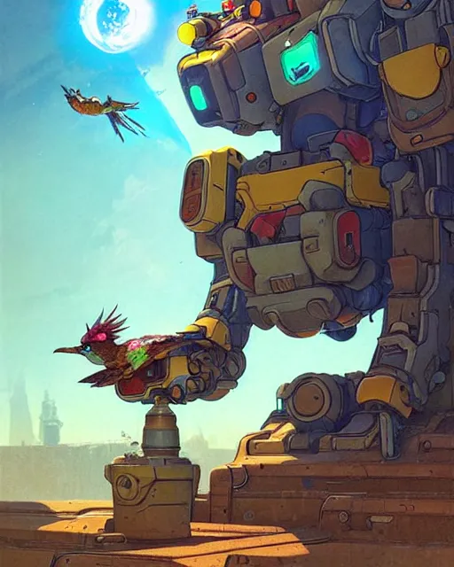 Image similar to bastion the friendly from overwatch, with his pet bird, character portrait, portrait, close up, concept art, intricate details, highly detailed, vintage sci - fi poster, retro future, in the style of chris foss, rodger dean, moebius, michael whelan, katsuhiro otomo, and gustave dore