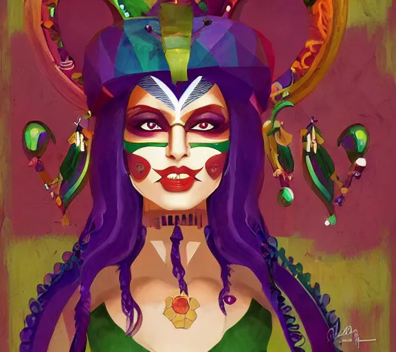 Prompt: beautiful female character inspired by new orleans mardi gras and cubism vampire bounty hunter | | digital artwork made by greg rutswork, anna dittmann and lois van barlee, symmetrical rim light, anatomically correct