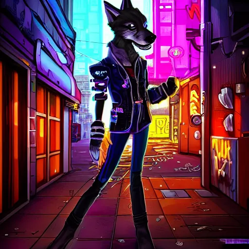 Image similar to beautiful commission digital art portrait commission of an androgynous furry anthro wolf wearing punk clothes in the streets of a cyberpunk city. neon signs. made by zaush, rick griffin, tessgarman, angiewolf, miles df, smileeeeeee, ethrk, fa, furraffinity