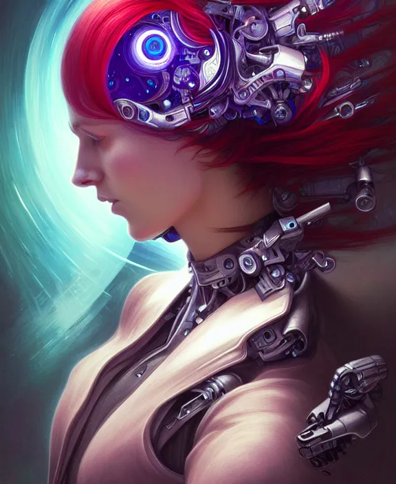 Prompt: a whirlwind of souls rushing inside the metaverse, half body, jewelry, fashionable haircut, android, cyborg, cyberpunk face, by loish, d & d, fantasy, intricate, elegant, highly detailed, colorful, vivid color, digital painting, artstation, concept art, art by artgerm and greg rutkowski and alphonse mucha