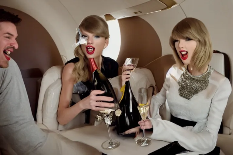 Image similar to Cinematography Taylor Swift Lauging and drinking champagne in her private jet by Emmanuel Lubezky