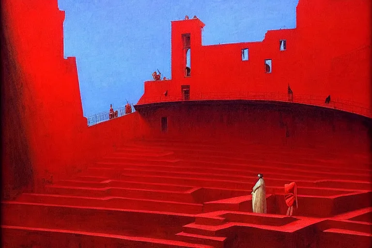 Image similar to only with red, a red great emperor, taormina amphitheatre, expressive crowd hails him, in the style of beksinski, parts by edward hopper, parts by rodcenko, parts by yue minjun, intricate and epic composition, red by caravaggio, insanely quality, highly detailed, masterpiece, red light, artstation, 4 k