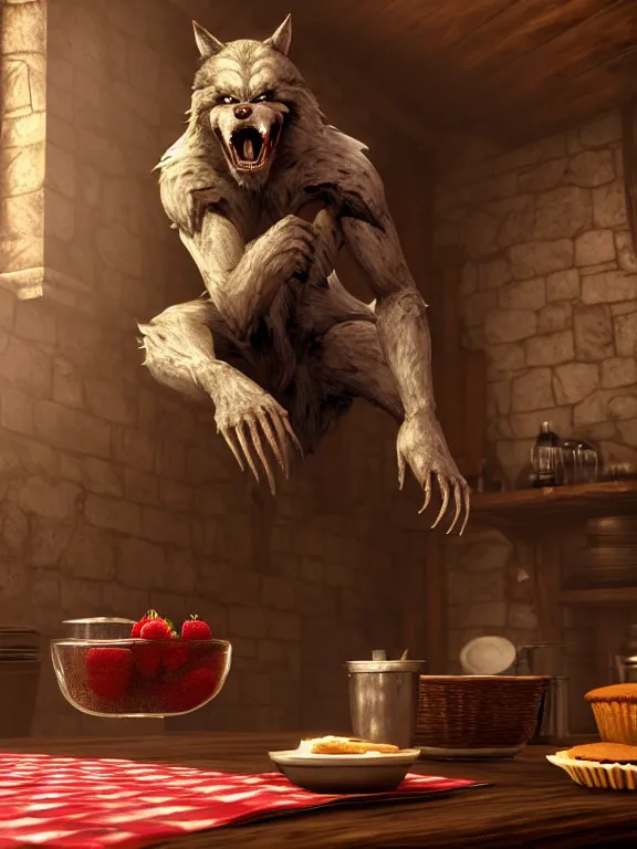 Image similar to cute handsome cuddly burly surly relaxed calm timid werewolf from van helsing sitting down at the breakfast table in the kitchen of a normal suburban home having fun baking strawberry tart cakes unreal engine hyperreallistic render 8k character concept art masterpiece screenshot from the video game the Elder Scrolls V: Skyrim