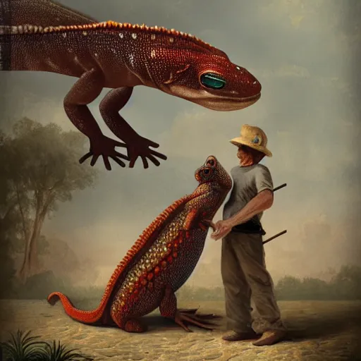 Image similar to a man rites a saddled gigantic Gecko, Fantasy Art