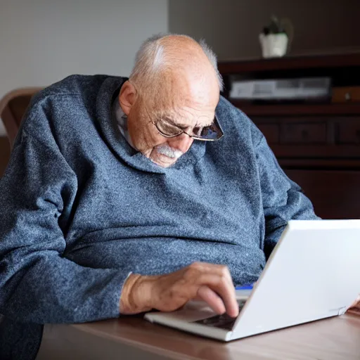 Image similar to elderly man sitting inside a casket browsing internet on laptop from a casket casket