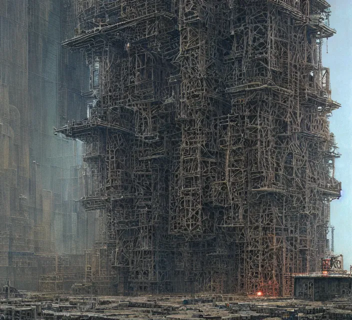 Prompt: gigantic mechanic megastructure tower in center, gothic, warhammer, cyberpunk, highly detailed, artstation, art by zdislav beksinski and wayne barlowe