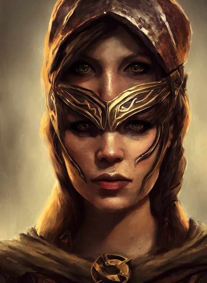 Prompt: a face portrait of a beautiful girl as a rogue from skyrim, fantasy setting, beautiful face, warm colors, soft lighting, atmospheric, cinematic, moody, in the style of diego koi, gina heyer, luiz escanuela, art by alyssa monk, hyperrealism, rule of thirds, golden ratio, oil on canvas, 8 k