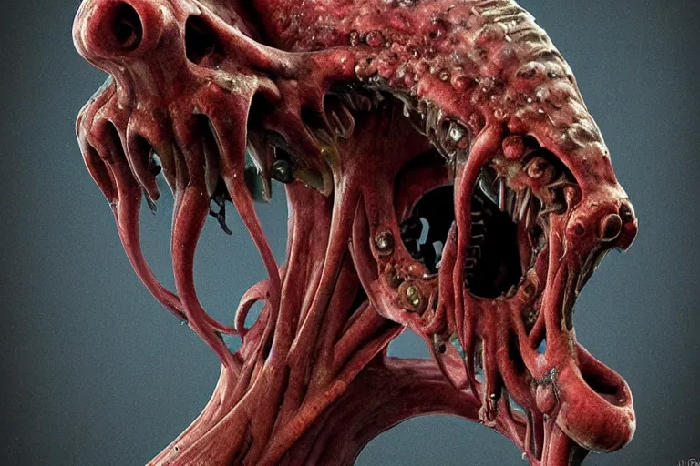 Image similar to a squid monster eating a person, john carpenter body horror, eighties practical horror special effects, cosmic horror, body horror, protruding bones, trending on zbrush central, neoplasticism, lovecraftian, zbrush, biomorphic, midjourney, nightcafe