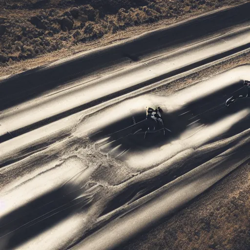 Prompt: an aerial photo of a convoy of futuristic tanks riding in a long line into a smoky hole in the ground, moody cinematic light