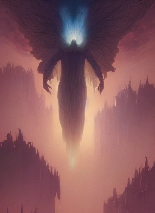 Image similar to giant white glowing angel rising above foggy city by wayne barlowe, wes anderson, roger dean, mikalojus konstantinas ciurlionis and wadim kashin, rich moody colours, 90-s anime, ethereal, lo-fi retro videogame