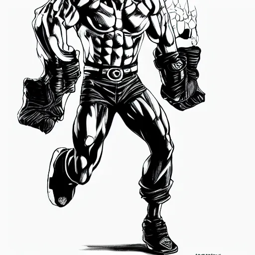 Image similar to Black and white drawing of Vin Diesel walking like a Italian model in JoJo style, highly detailed, sharp focus, anime, ArtStation, art by Hirohiko Araki