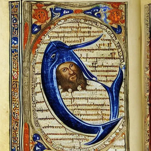 Prompt: medieval illuminated manuscript bible page depicting jonah in the belly of the whale