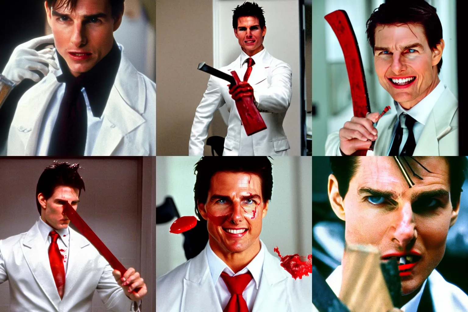 Prompt: tom cruise as patrick bateman from american psycho with an axe in a white coat with blood smiling