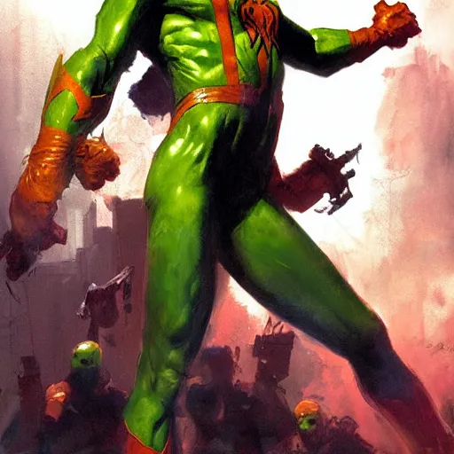 Prompt: an orange and green spiderman by ruan jia and marc silvestri