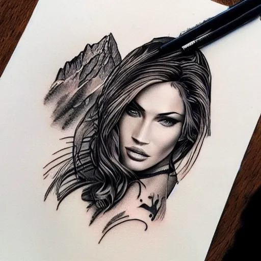 Image similar to tattoo design sketch of megan fox mash up effect with beautiful mountain scenery, in the style of matteo pasqualin, amazing detail