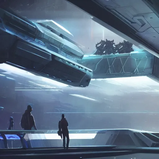 Image similar to scifi art by Greg Rutkowski, the ship's bridge deck, full of screens and holographic maps with a large window looking into space, functional and elegant look, but minimalist, and a bit dark, claustrophobic and futuristic environment, detailed and intricate environment, high technology, highly detailed portrait, digital painting, artstation, concept art, smooth, sharp foccus ilustration, Artstation HQ.