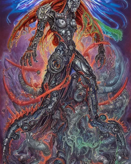 Image similar to silver mechanical charred bloody fleshmetal obliterator cyborg daemonhost woman wearing robes, psychedelic flamer of tzeentch with extra arms gunner, blue and green rainbow fire, by antonio j. manzanedo, alex grey, android jones, wayne barlowe, philippe druillet, josephine wall, harumi hironaka, cronenburg, trending on artstation