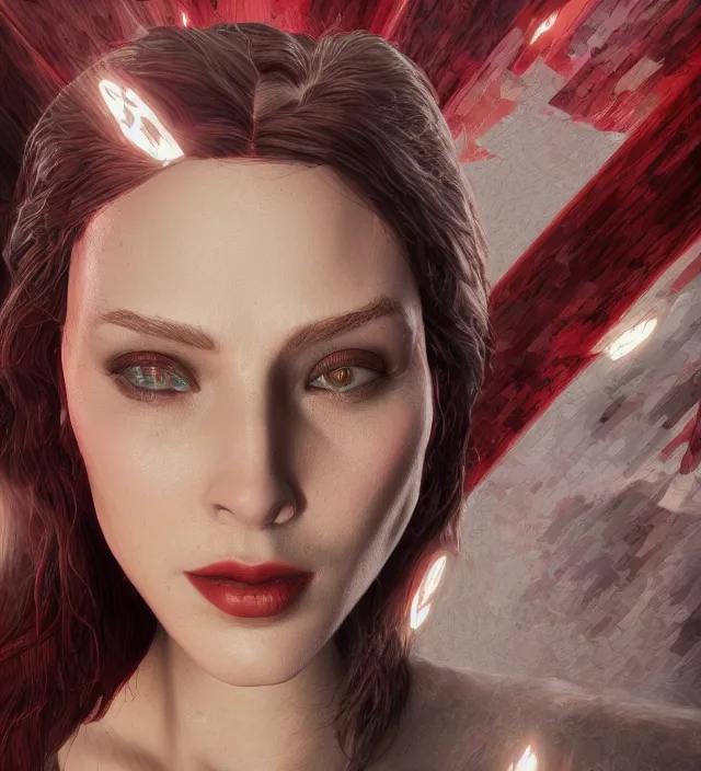 Image similar to scarlet witch, cubism, nostalgia, very detailed texture, realistic shaded lighting, studio quality, digital art, dynamic background, unreal engine 5 rendered, octane rendered, pinnacle studio, naturel, trending on artstation, art style by ian sprigger