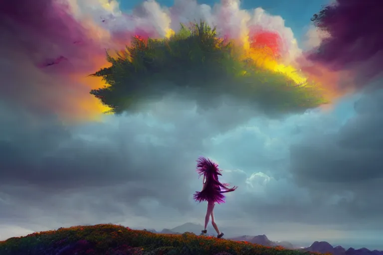 Image similar to giant dahlia flower crown under head, girl walking on mountain, surreal photography, colorful storm clouds, dramatic sunset, impressionist painting, digital painting, artstation, simon stalenhag