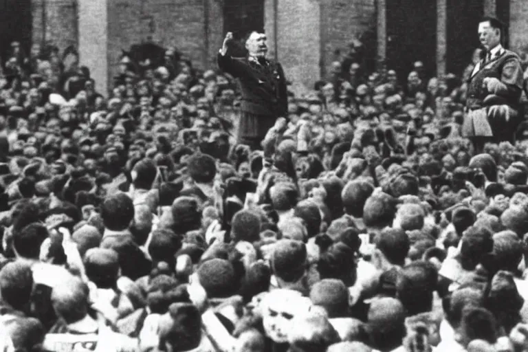 Image similar to Adolf Hitler giving speech to crowd of minions