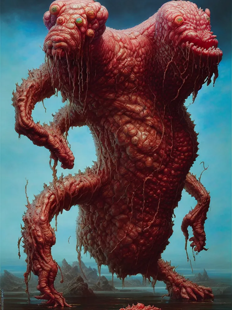 Image similar to hyperrealistic rendering, fat smooth cronenberg flesh monster final fantasy behemoth by donato giancola and greg rutkowski and wayne barlow and zdzisław beksinski, eyeballs, product photography, action figure, sofubi, studio lighting, colored gels, colored background