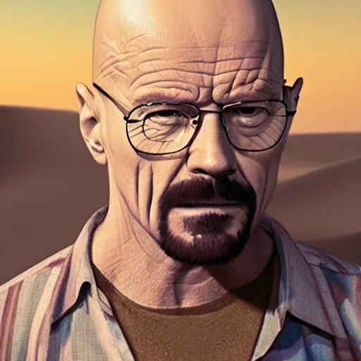 Image similar to walter white in the desert, female face, feminine face, pretty face, beautiful face, intricate details, full body, makeup