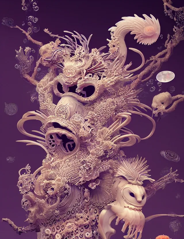 Image similar to 3 d goddess bottom - up with ram skull. beautiful intricately detailed japanese crow kitsune mask and clasical japanese kimono. betta fish, jellyfish phoenix, bio luminescent, plasma, ice, water, wind, creature, artwork by tooth wu and wlop and beeple and greg rutkowski