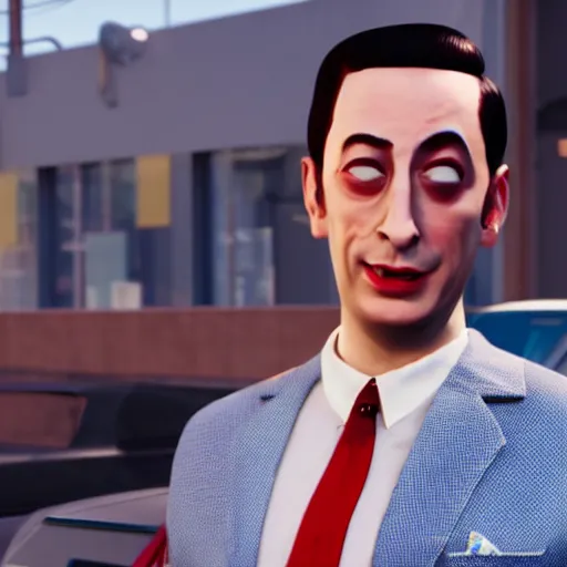 Image similar to pee wee herman in grand theft auto hyperrealistic, concept art, octane render, unreal engine 5, highly detailed, high quality, 8 k, soft lighting, realistic face, path traced