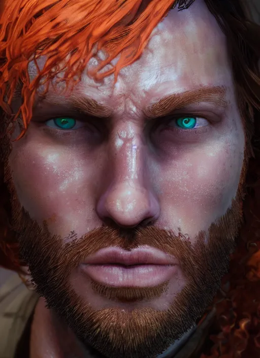 Image similar to glowwave portrait of curly orange hair man from red dead redemption 2, au naturel, hyper detailed, digital art, trending in artstation, cinematic lighting, studio quality, smooth render, unreal engine 5 rendered, octane rendered, art style by klimt and nixeu and ian sprigger and wlop and krenz cushart.