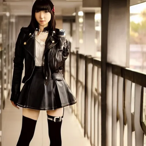 Image similar to an epic cinematic 8K HD movie shot of a japanese young J-Pop idol girl wearing leather jacket, miniskirt, nylon tights and high heels boots. Inspirational arthouse