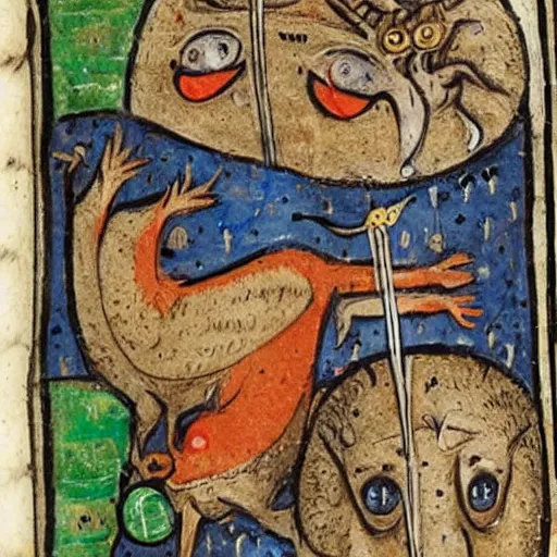 Image similar to grotesque creatures in the margins of old illuminated manuscripts