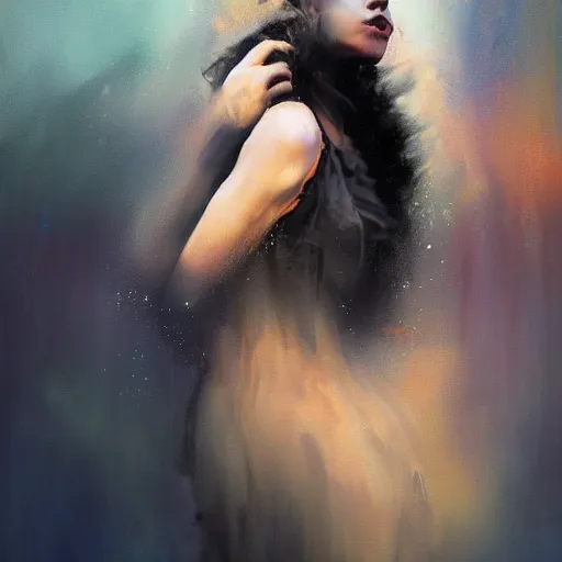 Image similar to morning, raven perching on the shoulder of a woman in a black dress. sun, cinematic, clouds, vogue cover style, contracting colors mood, realistic painting, intricate oil painting, high detail, figurative art, multiple exposure, poster art, 3 d, by simon bisley, ismail inceoglu, wadim kashin, filip hodas.