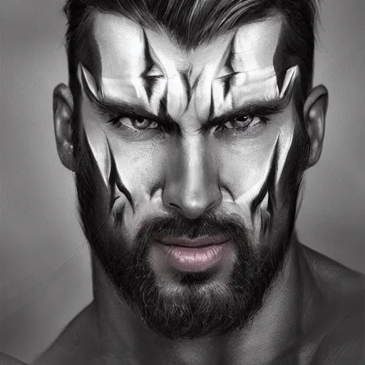 Prompt: Beautiful face Portrait of very manly Gigachad with big jaws, face painting on grey scale face, powerful , magic, thunders, dramatic lighting, intricate, wild, highly detailed, digital painting, artstation, concept art, smooth, sharp focus, illustration, art by artgerm and greg rutkowski and alphonse mucha, footage from space camera