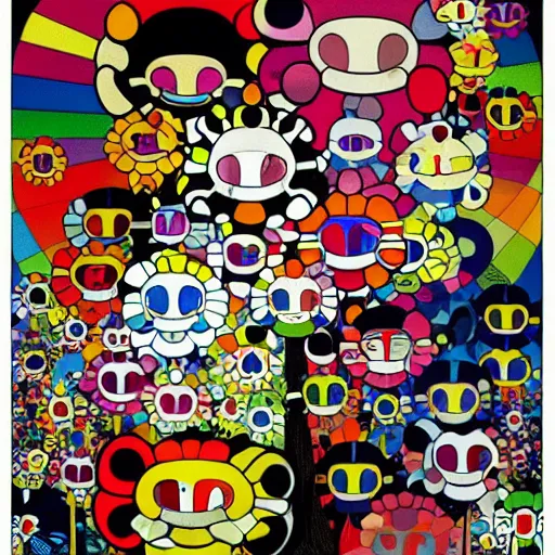 Prompt: a poster design of a miserable black family by takashi murakami,