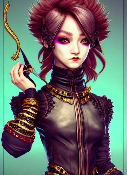 Image similar to rogue, fantasy ornate leather bandit outfit!!! beautiful and athletic short hair female!! gorgeous face and eyes!! character concept art, sharp focus, octane render! unreal engine 5! highly rendered!! trending on artstation!! detailed linework!! illustration by chie yoshii, artgerm, and wlop