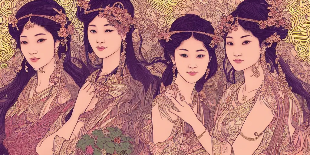 Prompt: beautiful and detailed digital illustration of a twin thai princesses by kittichai rueangchaichan, floralpunk, Artstation, art nouveau aesthetic, Alphonse Mucha background, intricate details,concept art, realistic, dramatic, detailed intricate ink illustration, heavenly atmosphere