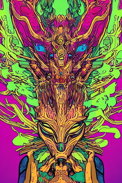 Image similar to animal mask totem roots flower tribal feather gemstone plant wood rock shaman vodoo video game vector cutout illustration vivid multicolor borderlands comics by josan gonzales and dan mumford radiating a glowing aura