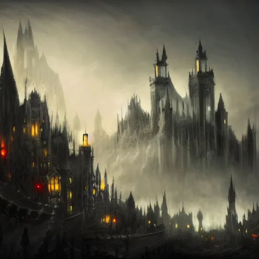 Prompt: fantasy dark medieval gothic cityscape on hill, painting, lights, darkness, lanterns, fog, people in the streets, small buildings, city wall, smoke, dark fantasy, magic the gathering, blue tint, detailed, sharp focus, hyperrealistic, fantastic artwork, 4 k, artstation, high fantasy, volumetric lighting, strong contrast, dark sky, far shot