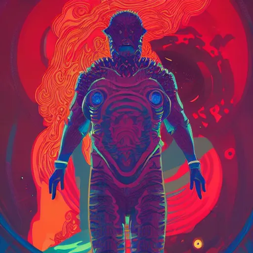 Prompt: digital character poster painting of an elder god in space by Tomer Hanuka, hyperdetailed, cosmic horror, vivid colors, trending on Artstation