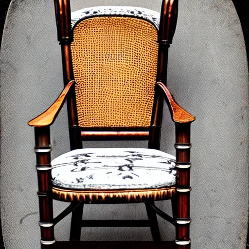 Prompt: An 1860s carte de visite photograph of an empty chair with a revolver sitting on it, beautiful handcrafted antique gun, wicker chair, high quality photograph, highly detailed, high definition, professionally photographed chair, revolver on chair, 8k restored and remastered