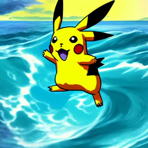 Image similar to pikachu surfing on a wave made of green slime, pokemon tcg image, trending on artstation