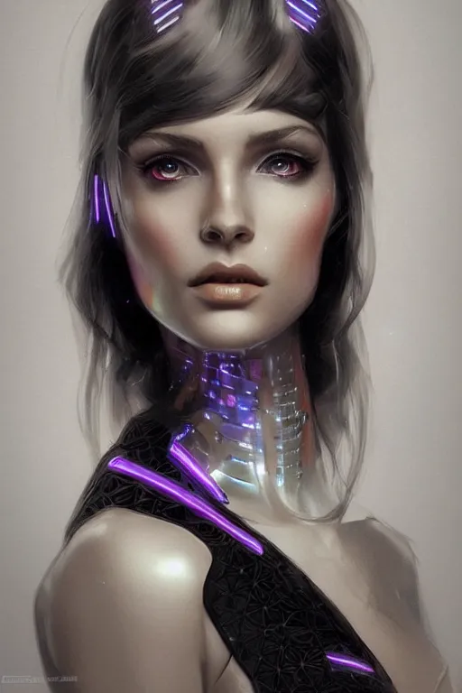 Image similar to portrait of female humanoid from 6 0 s era, intricate, elegant, cyber neon lights, highly detailed, digital painting, artstation, glamor pose, concept art, smooth, sharp focus illustration, art by artgerm and greg rutkowski