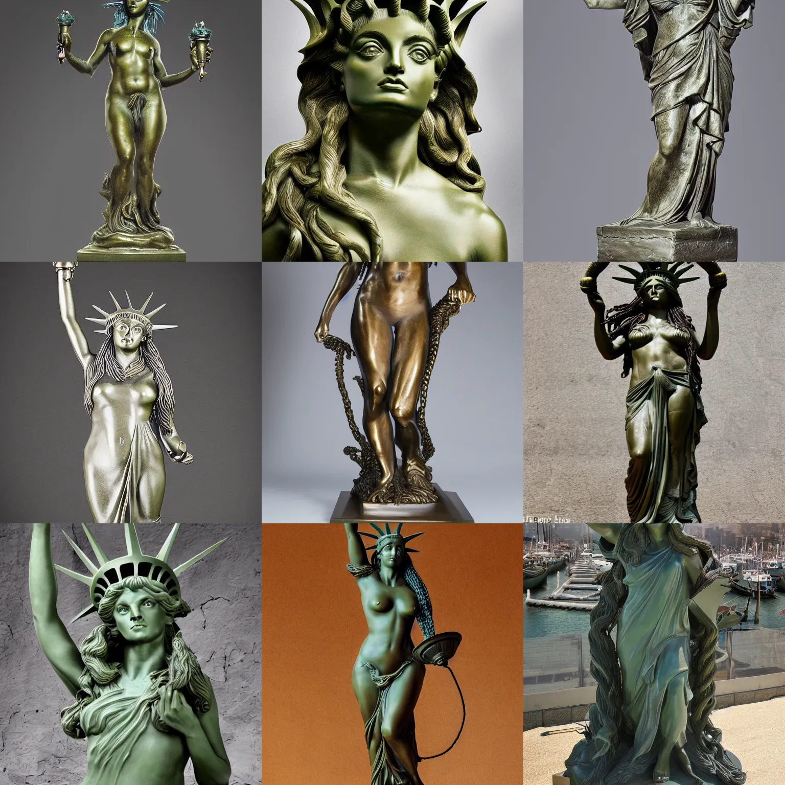 Prompt: bronze sculpture of medusa, in the style of the statue of liberty, very long hair, professional photography, imposing